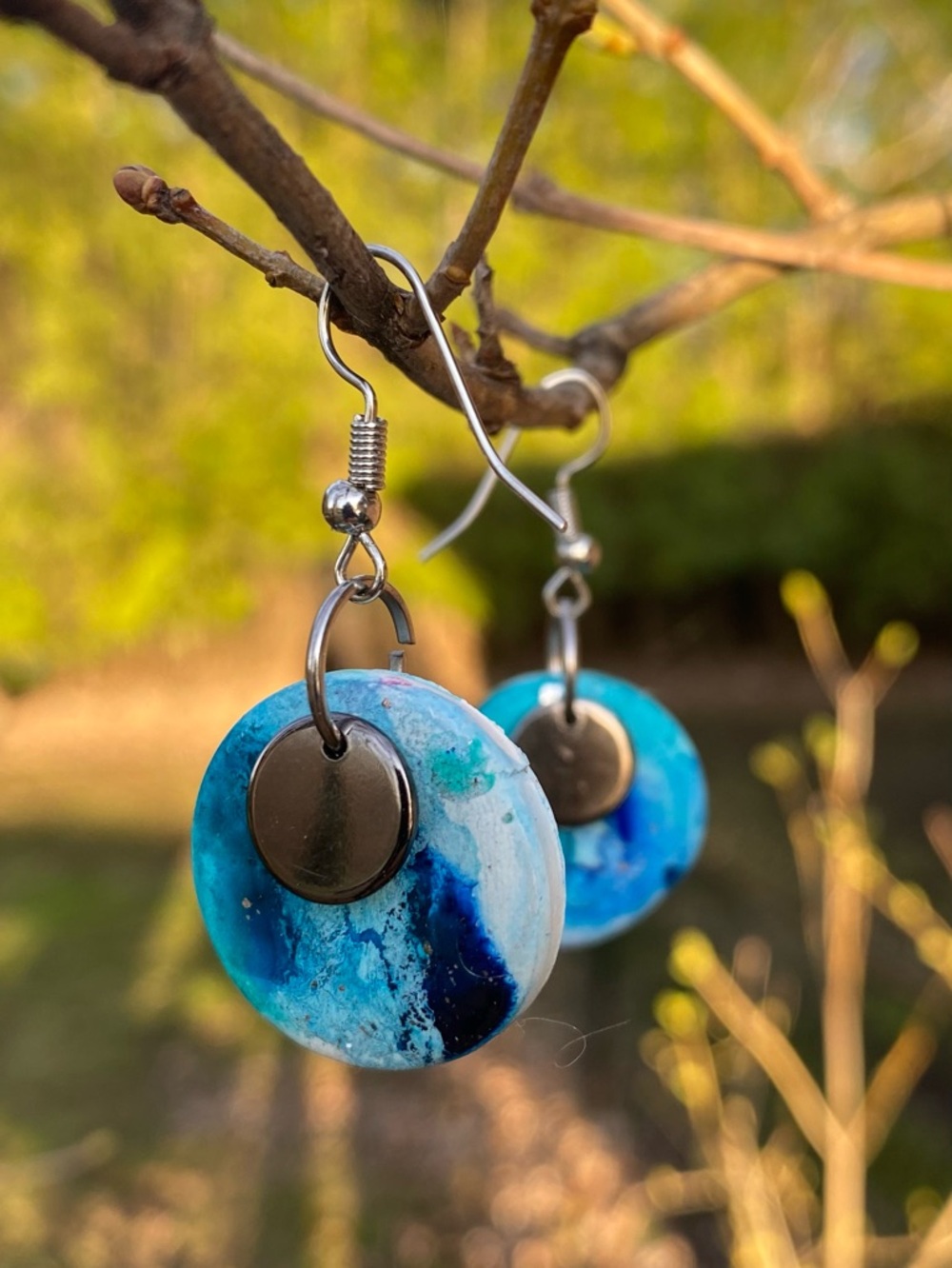 Handmade Blue Clay Disc Drop Earrings - Turquoise and Navy